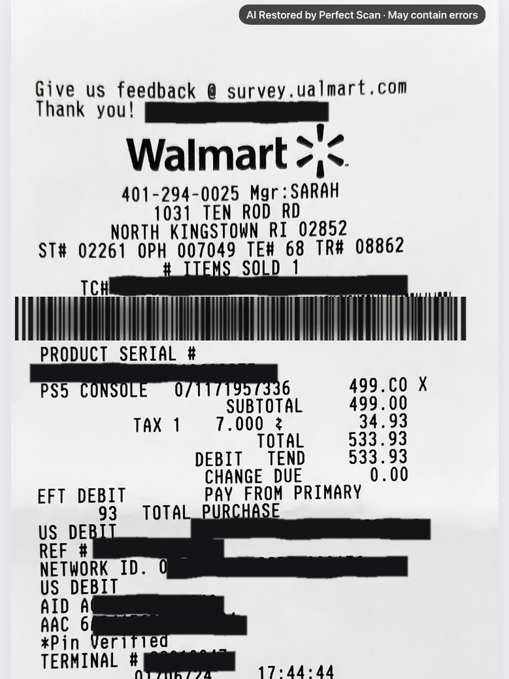 The same receipt after Perfect Scan: flat, evenly lit and every line readable