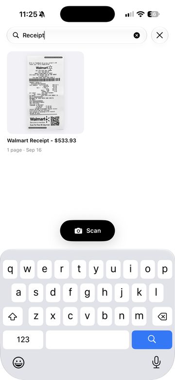 Searching the library for the word Receipt and finding the Walmart receipt