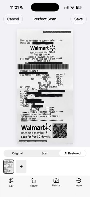 The review screen showing the cleaned-up receipt with Original, Scan and AI Restored options